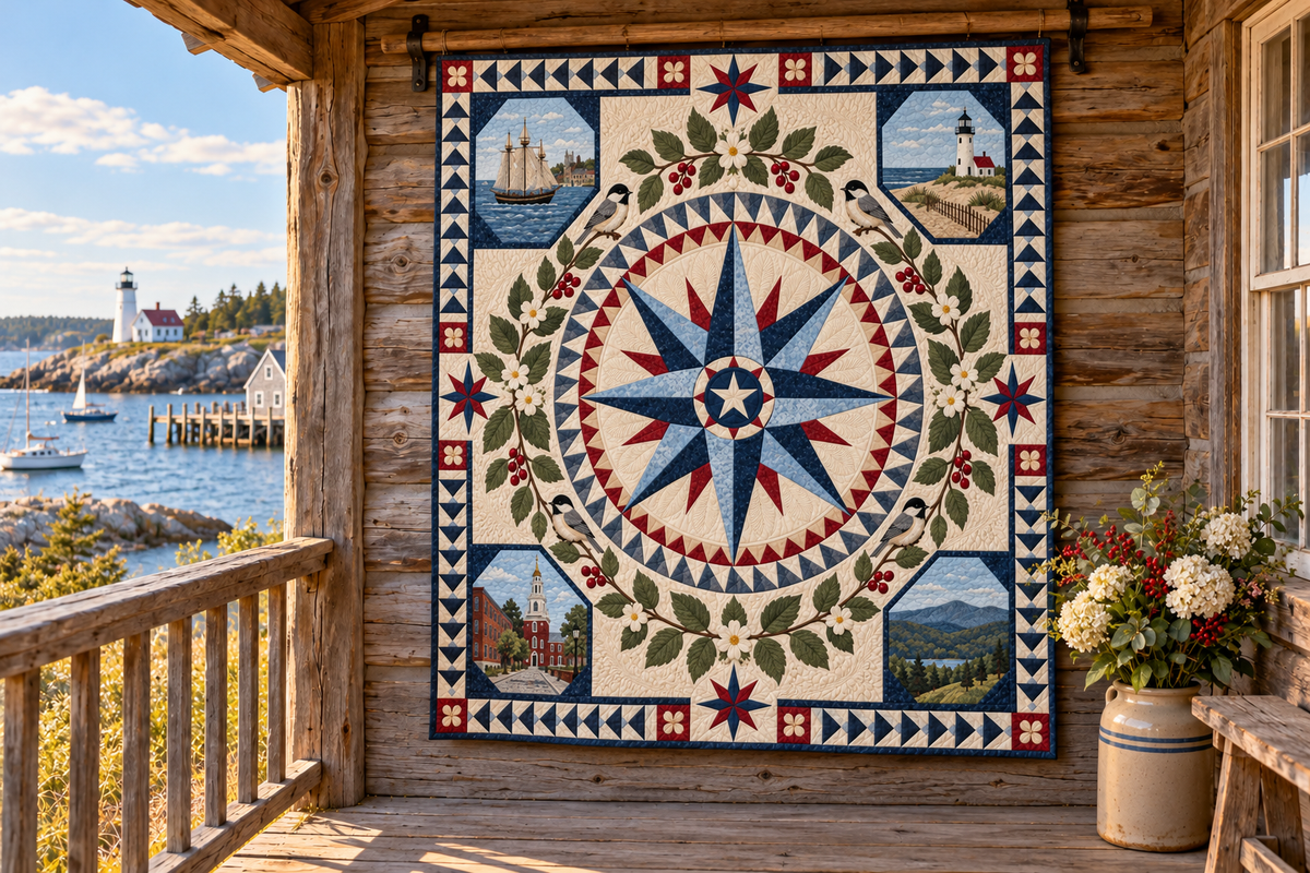 Massachusetts Radiant Compass TD181026587 Quilt Blanket hanging in a themed outdoor cabin