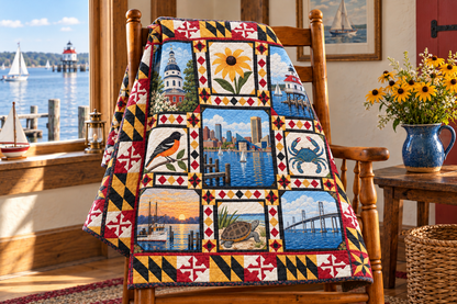 Maryland Landmark Windows TD181026593 Quilt Blanket draped over a wooden chair in a setting inspired by the quilt design