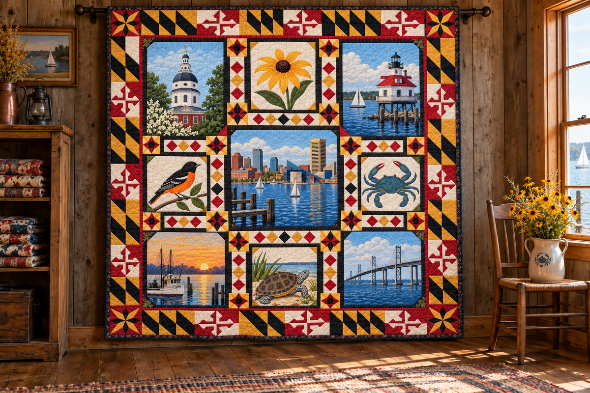 Maryland Landmark Windows TD181026593 Quilt Blanket hanging in a themed indoor cabin