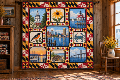 Maryland Landmark Windows TD181026593 Quilt Blanket hanging in a themed indoor cabin