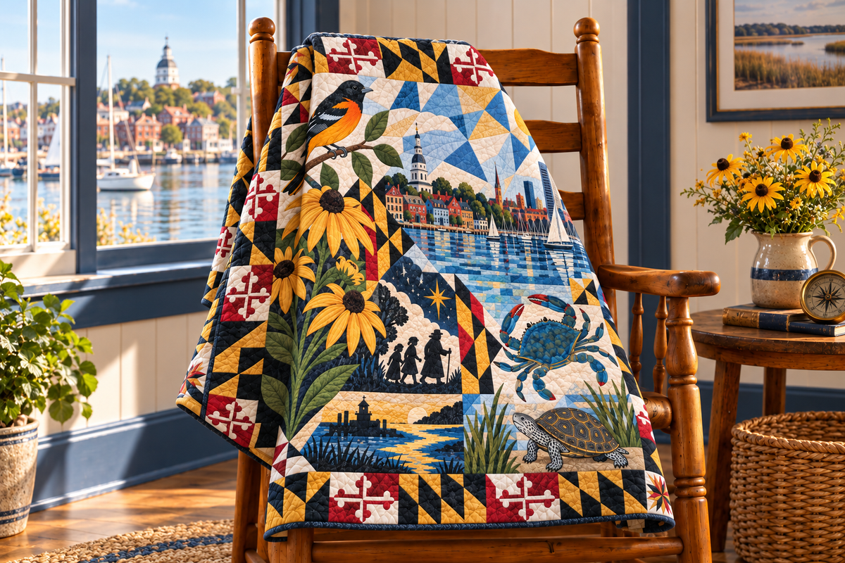 Maryland Mosaic Horizons TD181026599 Quilt Blanket draped over a wooden chair in a setting inspired by the quilt design