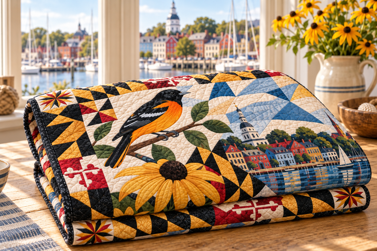 Maryland Mosaic Horizons TD181026599 Quilt Blanket folded in a setting matching its design
