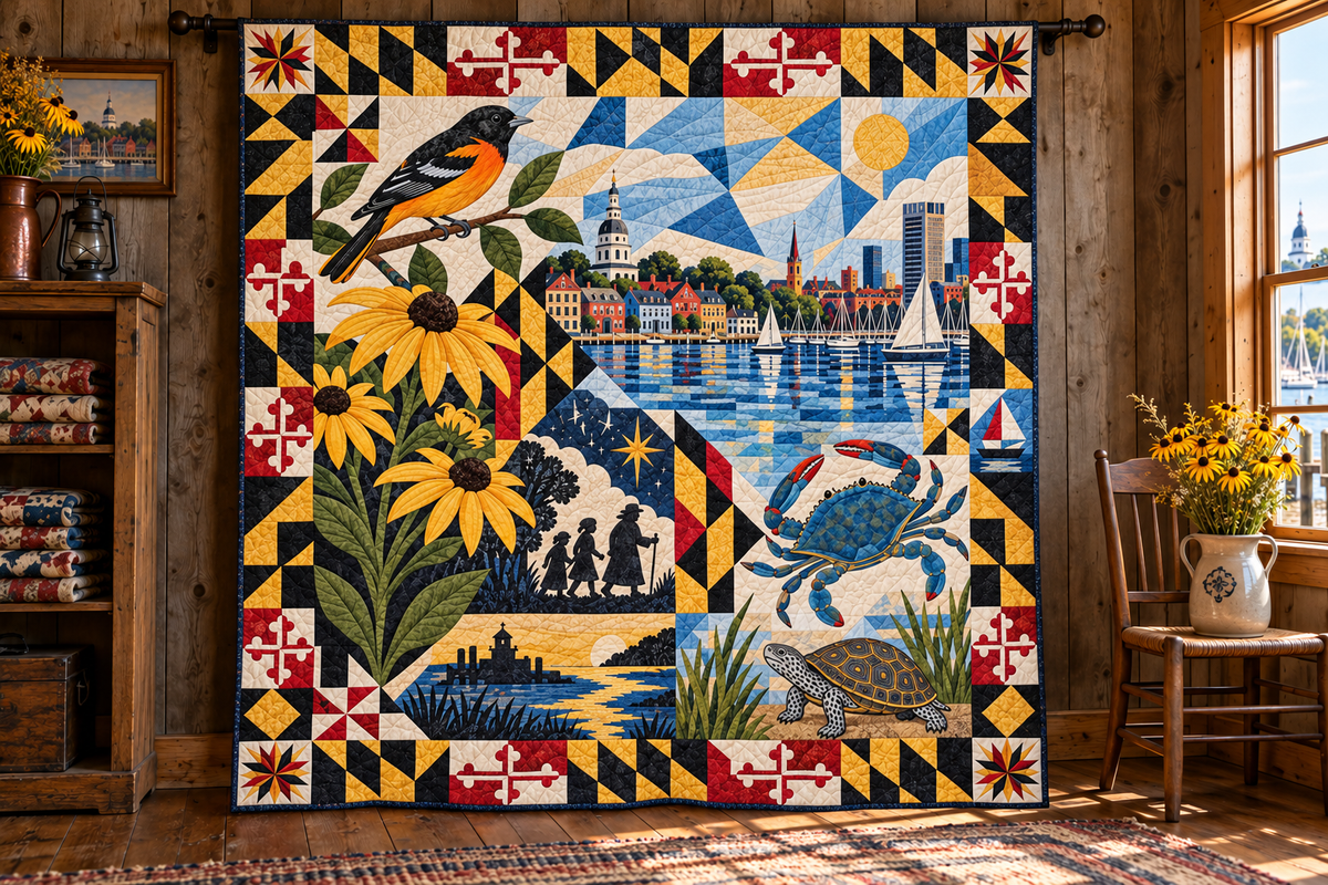Maryland Mosaic Horizons TD181026599 Quilt Blanket hanging in a themed indoor cabin