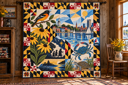 Maryland Mosaic Horizons TD181026599 Quilt Blanket hanging in a themed indoor cabin