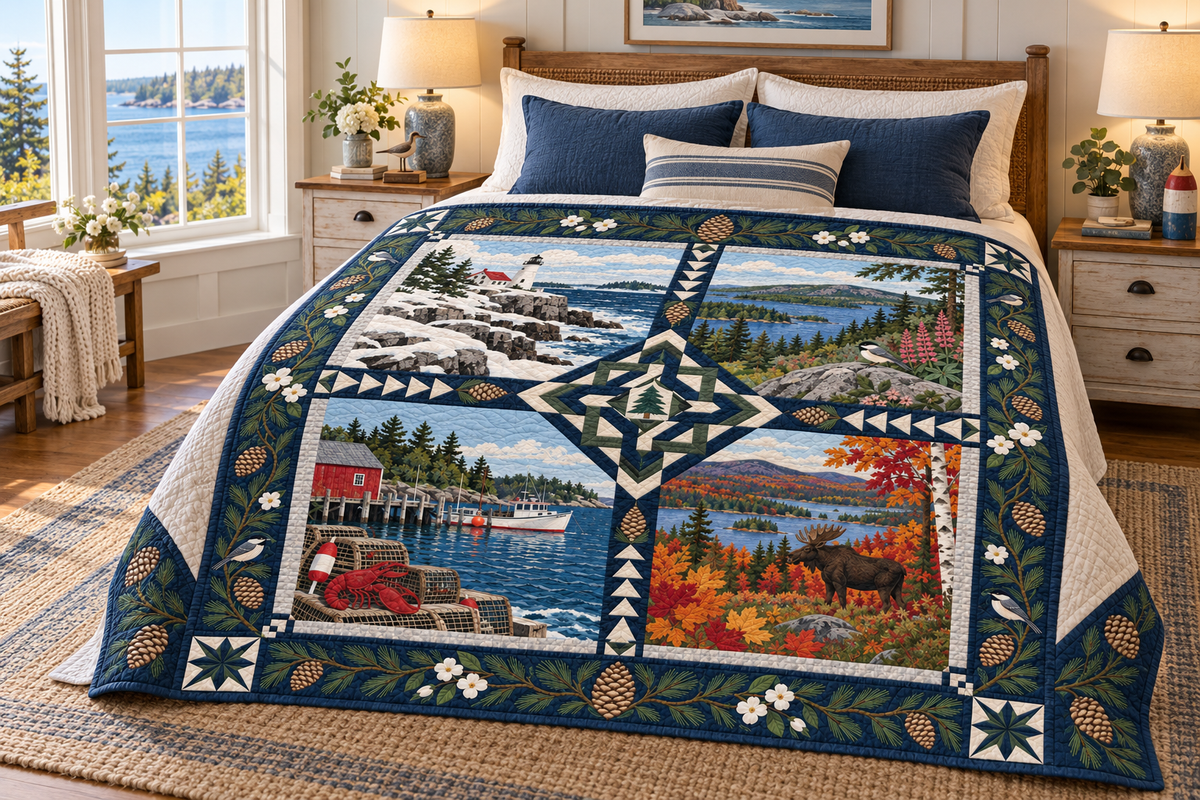Maine Four Seasons TD181026608 Quilt Blanket bed mockup in a design-matched room