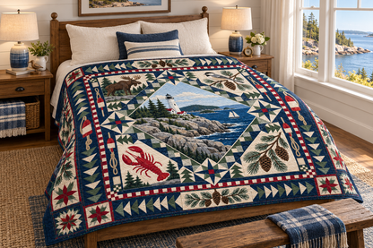 Maine Celebration In Cloth TD181026610 Quilt Blanket bed mockup in a design-matched room