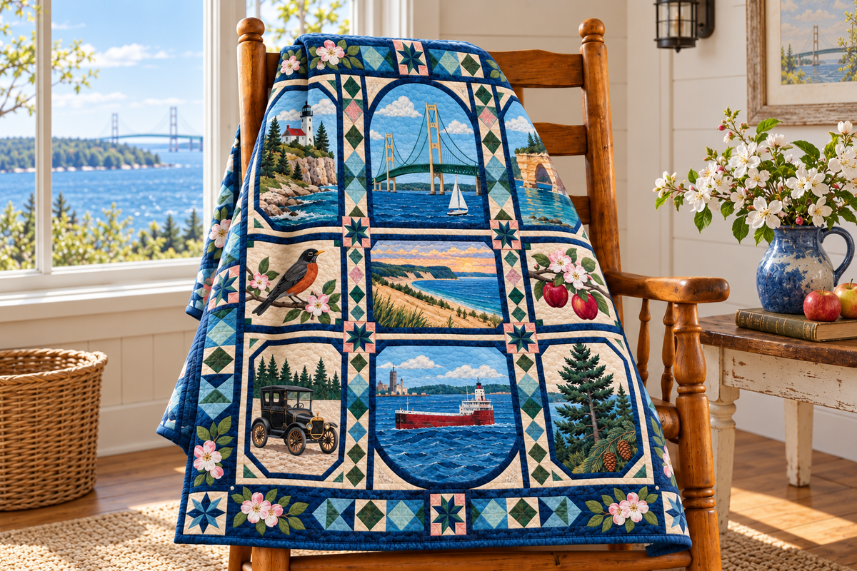 Michigan Landmark Windows TD181026613 Quilt Blanket draped over a wooden chair in a setting inspired by the quilt design