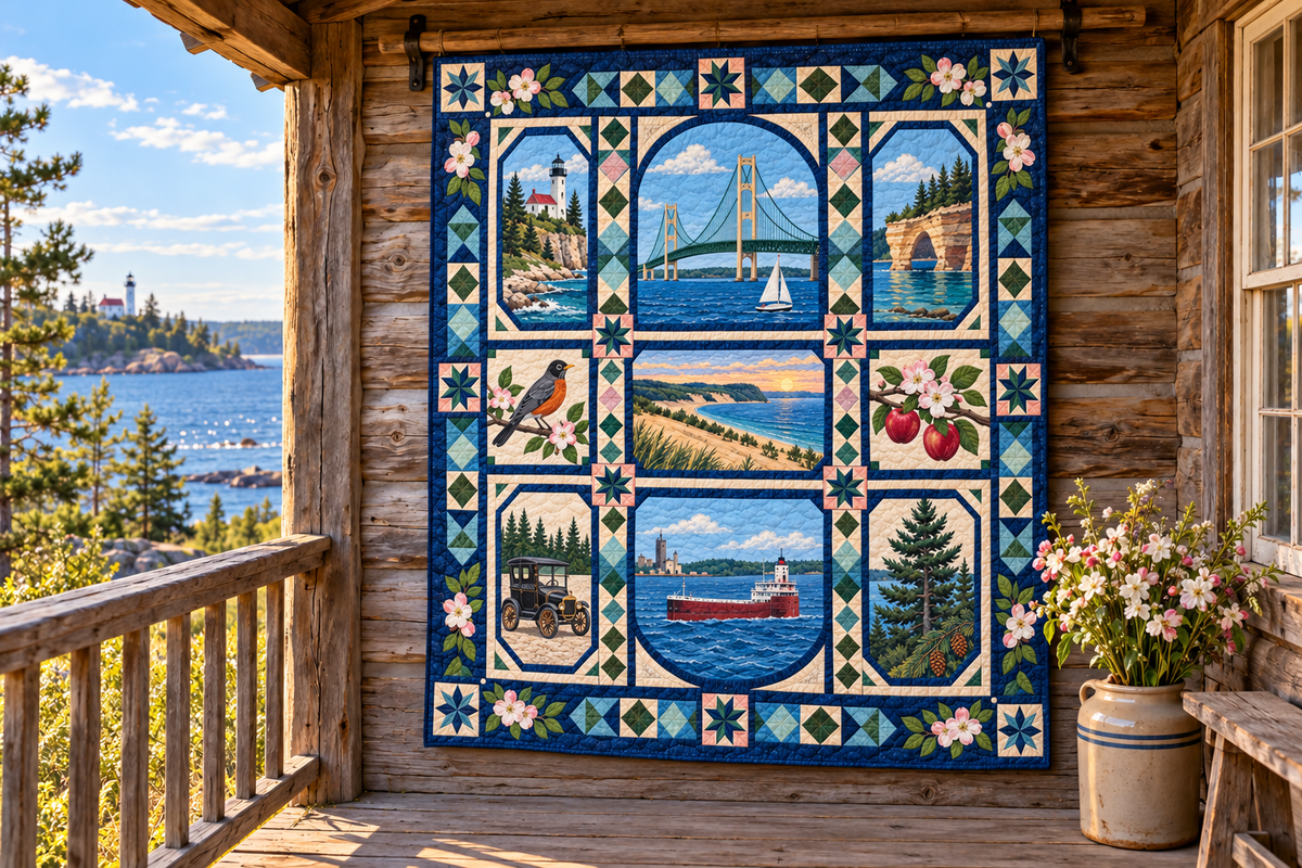 Michigan Landmark Windows TD181026613 Quilt Blanket hanging in a themed outdoor cabin