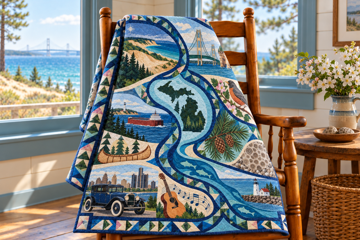 Michigan River Of Stories TD181026614 Quilt Blanket draped over a wooden chair in a setting inspired by the quilt design