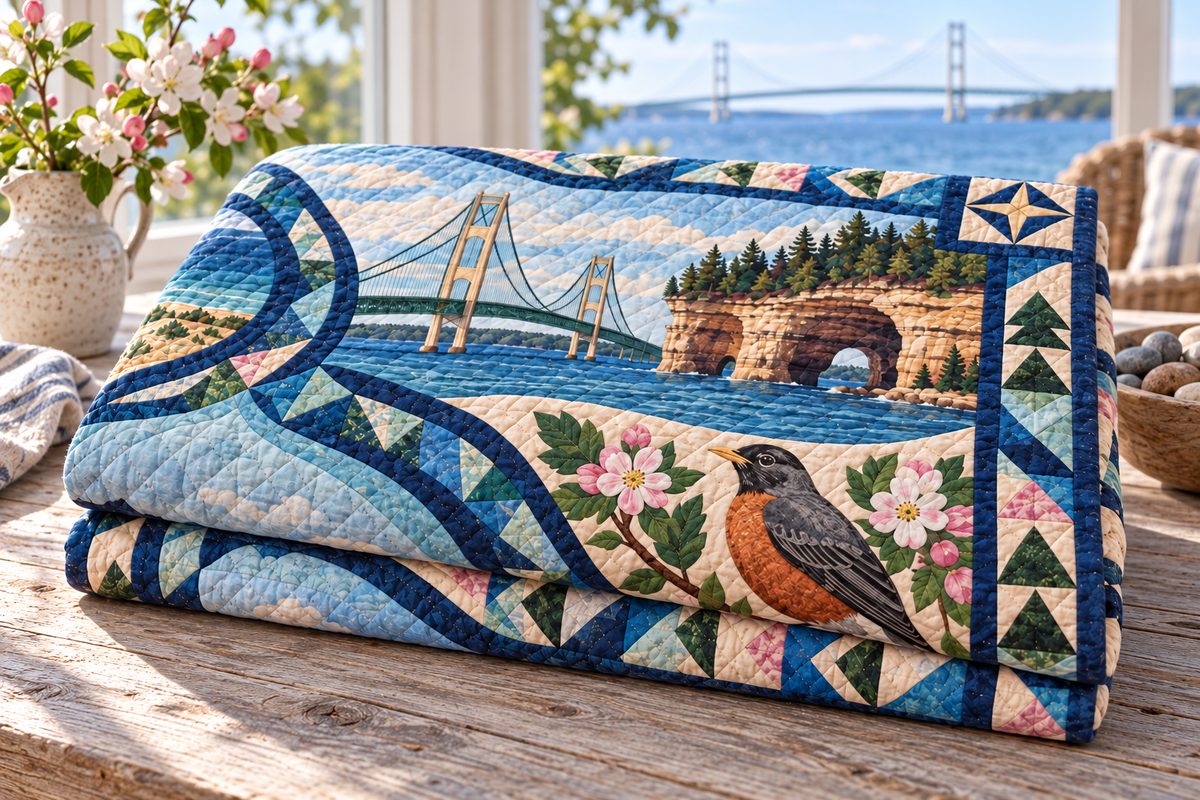 Michigan River Of Stories TD181026614 Quilt Blanket folded in a setting matching its design