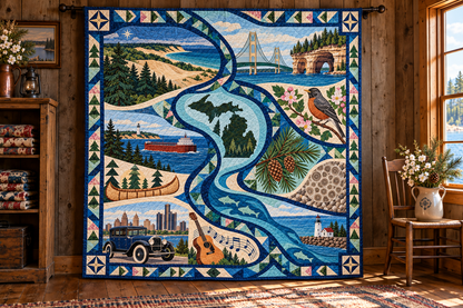 Michigan River Of Stories TD181026614 Quilt Blanket hanging in a themed indoor cabin