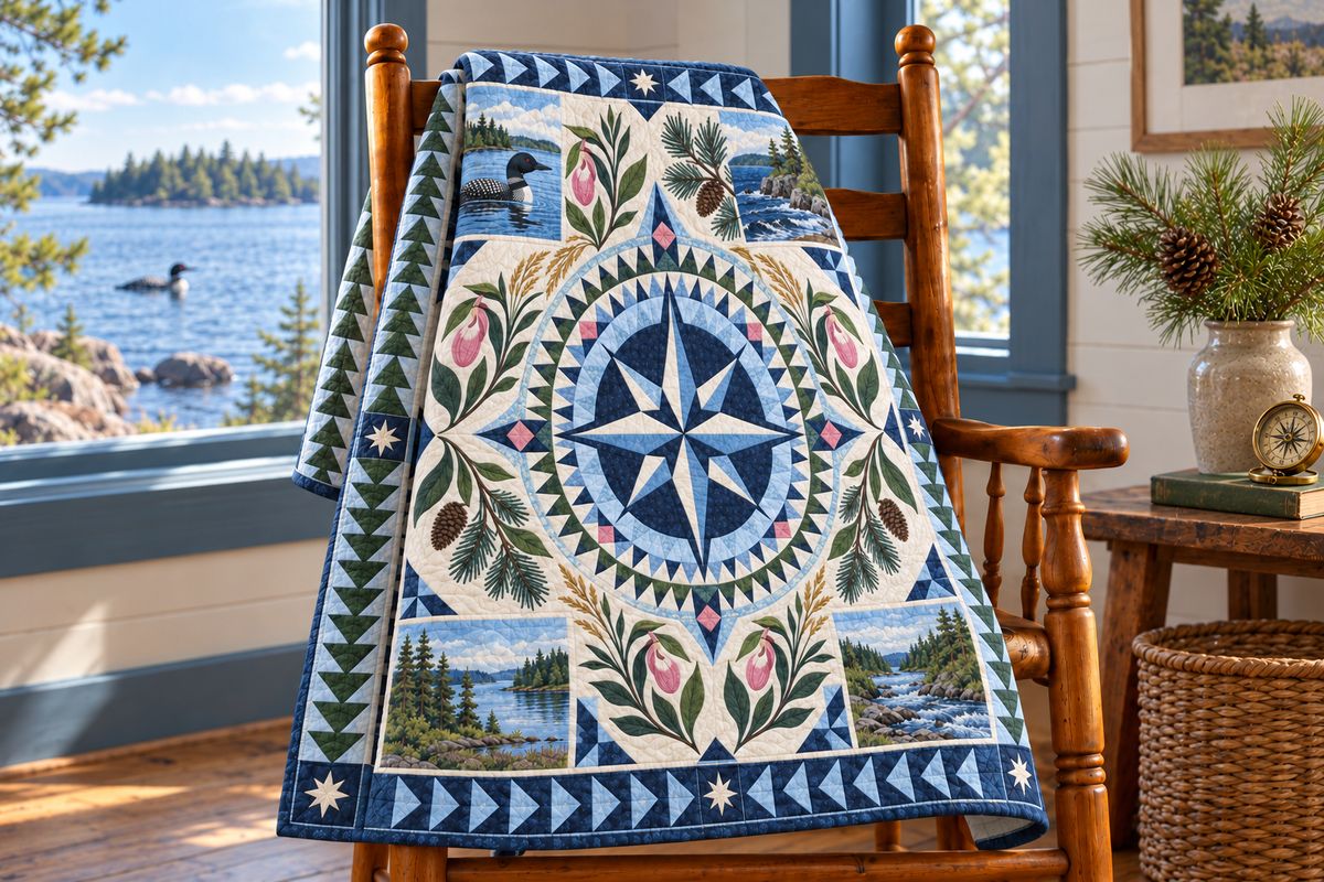 Minnesota Radiant Compass TD181026627 Quilt Blanket draped over a wooden chair in a setting inspired by the quilt design