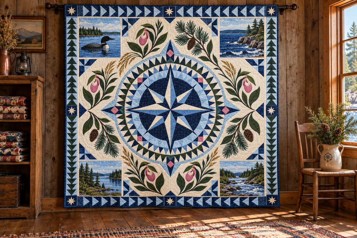 Minnesota Radiant Compass TD181026627 Quilt Blanket hanging in a themed indoor cabin