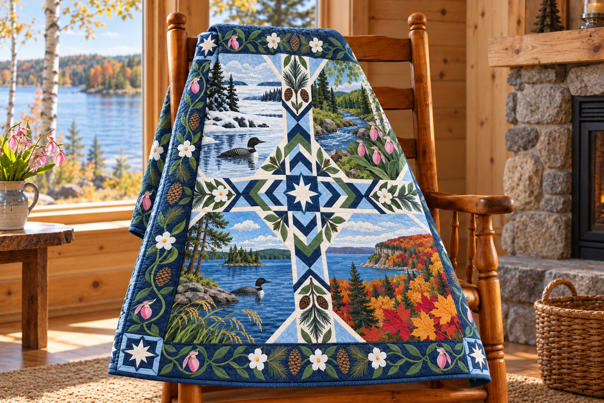 Minnesota Four Seasons TD181026628 Quilt Blanket draped over a wooden chair in a setting inspired by the quilt design