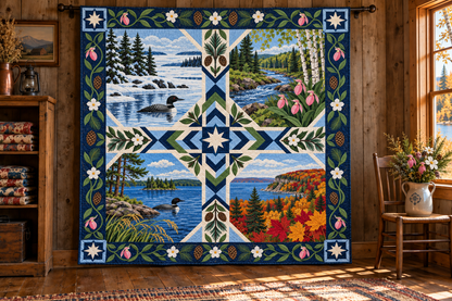 Minnesota Four Seasons TD181026628 Quilt Blanket hanging in a themed indoor cabin