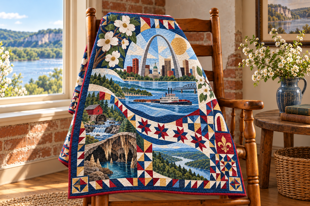 Missouri Mosaic Horizons TD181026639 Quilt Blanket draped over a wooden chair in a setting inspired by the quilt design