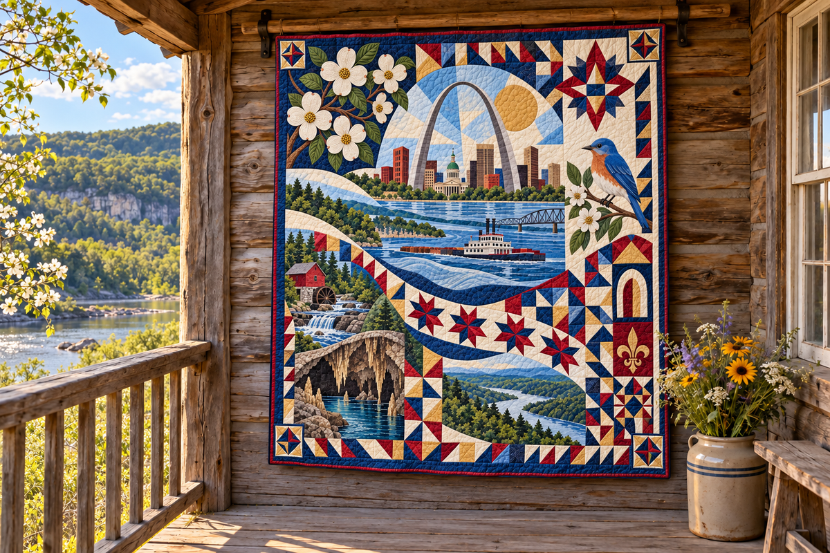 Missouri Mosaic Horizons TD181026639 Quilt Blanket hanging in a themed outdoor cabin