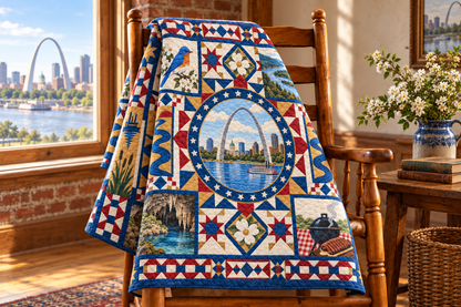 Missouri Celebration In Cloth TD181026640 Quilt Blanket draped over a wooden chair in a setting inspired by the quilt design