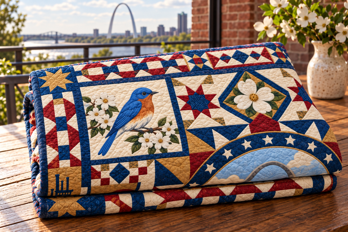 Missouri Celebration In Cloth TD181026640 Quilt Blanket folded in a setting matching its design
