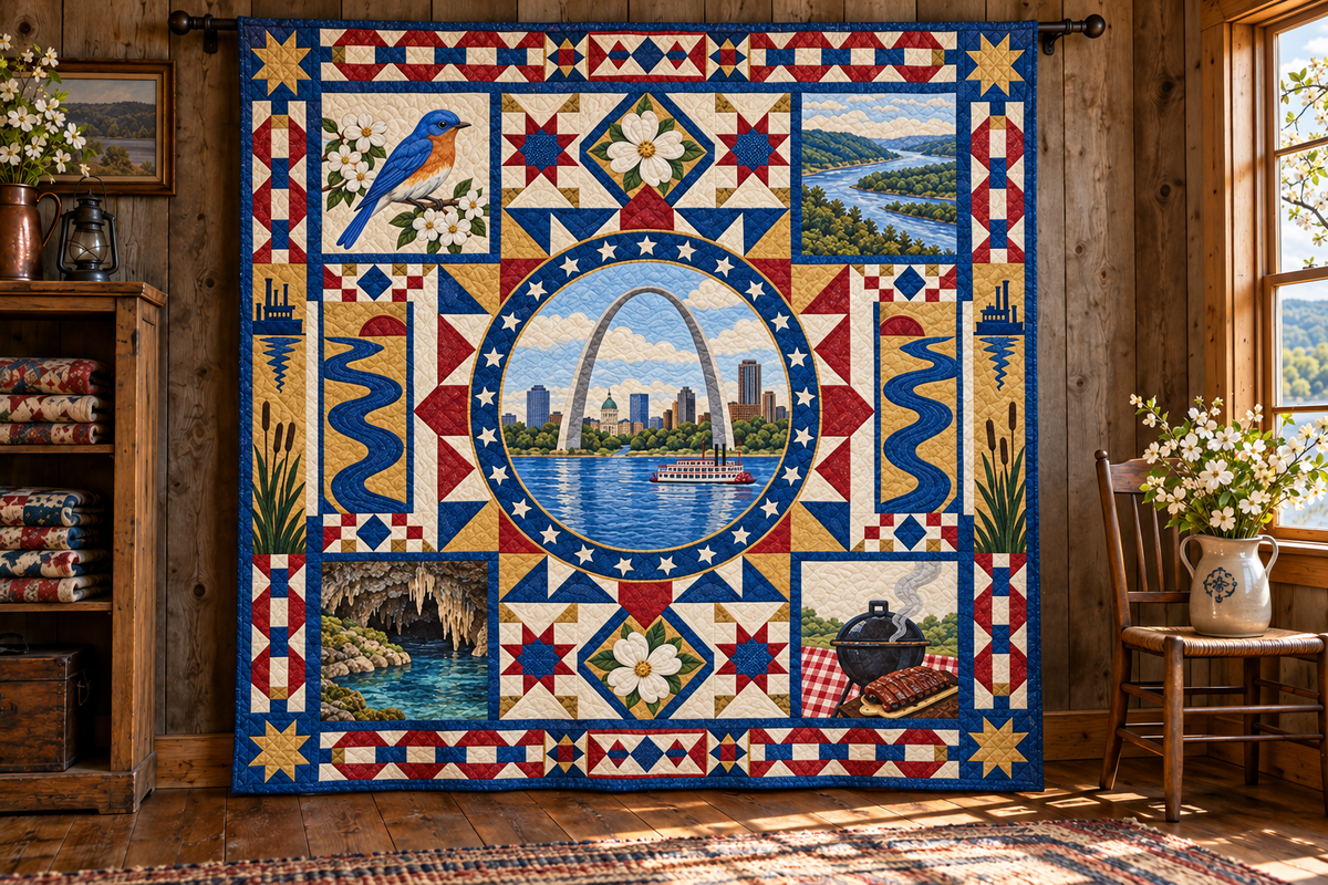 Missouri Celebration In Cloth TD181026640 Quilt Blanket hanging in a themed indoor cabin
