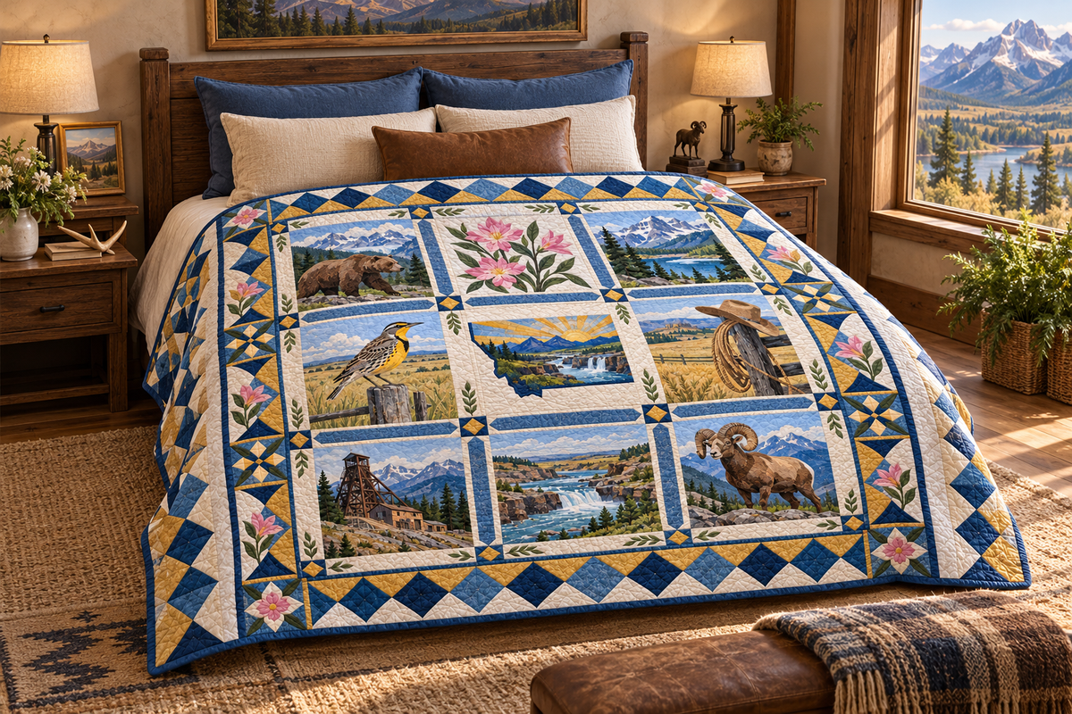 Montana Heritage Album TD181026656 Quilt Blanket bed mockup in a design-matched room