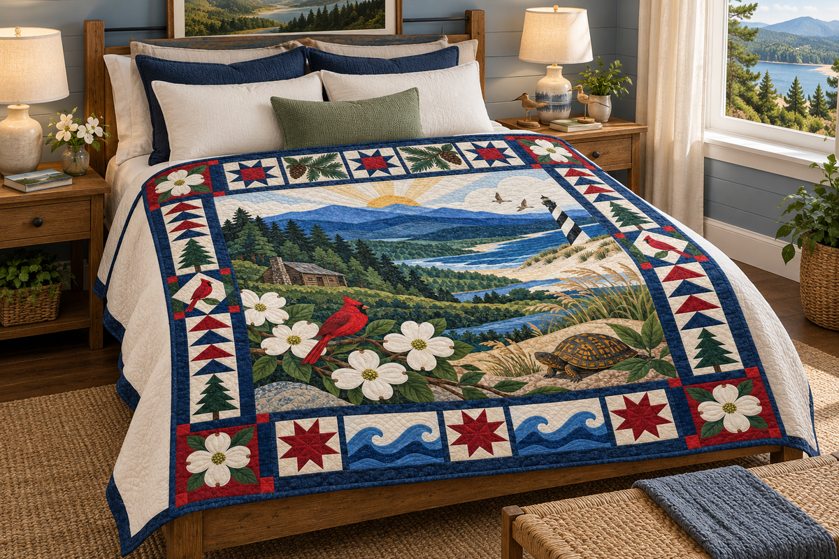 North Carolina Landscape Tapestry TD181026661 Quilt Blanket bed mockup in a design-matched room