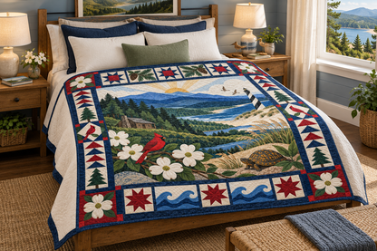 North Carolina Landscape Tapestry TD181026661 Quilt Blanket bed mockup in a design-matched room