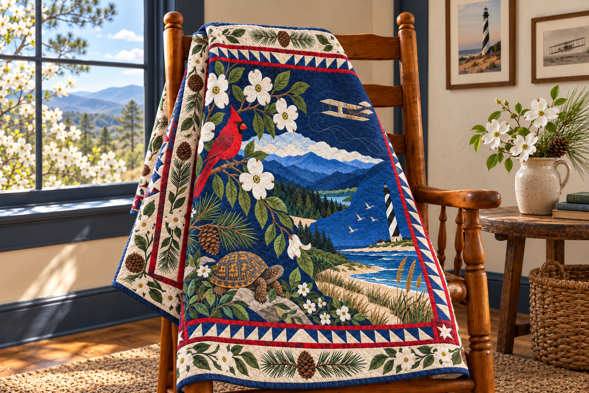 North Carolina Botanical Heritage TD181026662 Quilt Blanket draped over a wooden chair in a setting inspired by the quilt design