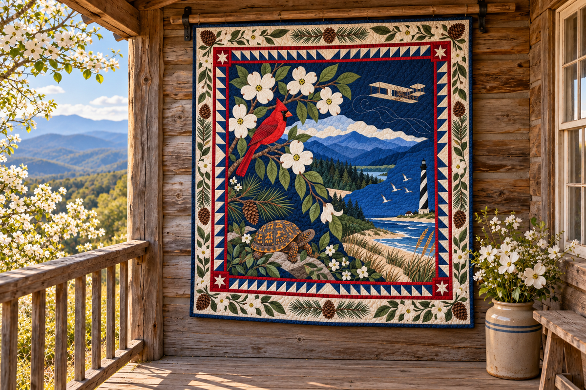 North Carolina Botanical Heritage TD181026662 Quilt Blanket hanging in a themed outdoor cabin