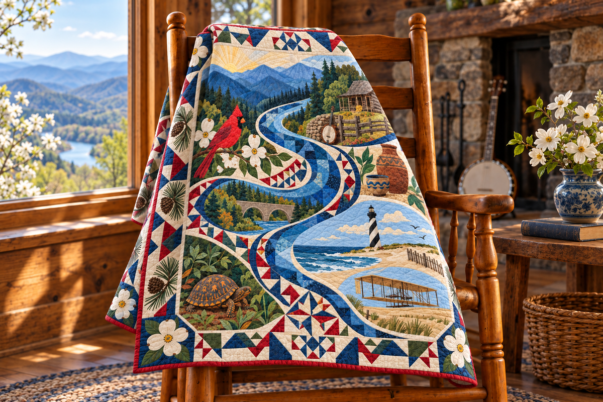 North Carolina River Of Stories TD181026664 Quilt Blanket draped over a wooden chair in a setting inspired by the quilt design