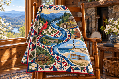 North Carolina River Of Stories TD181026664 Quilt Blanket draped over a wooden chair in a setting inspired by the quilt design