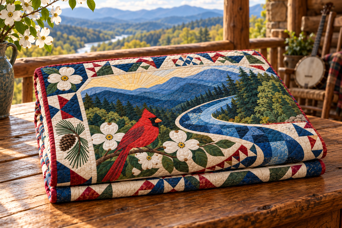 North Carolina River Of Stories TD181026664 Quilt Blanket folded in a setting matching its design
