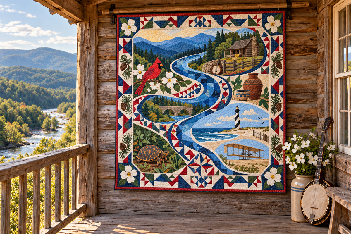 North Carolina River Of Stories TD181026664 Quilt Blanket hanging in a themed outdoor cabin