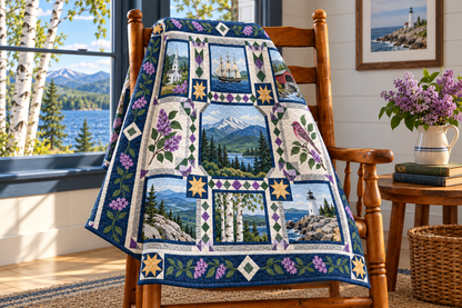 New Hampshire Landmark Windows TD181026693 Quilt Blanket draped over a wooden chair in a setting inspired by the quilt design