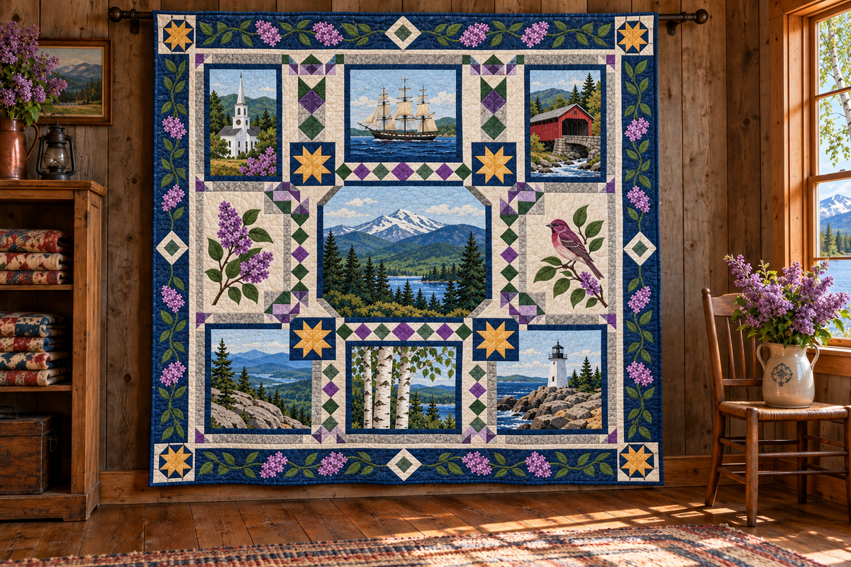 New Hampshire Landmark Windows TD181026693 Quilt Blanket hanging in a themed indoor cabin