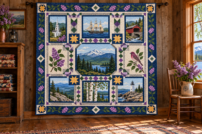 New Hampshire Landmark Windows TD181026693 Quilt Blanket hanging in a themed indoor cabin