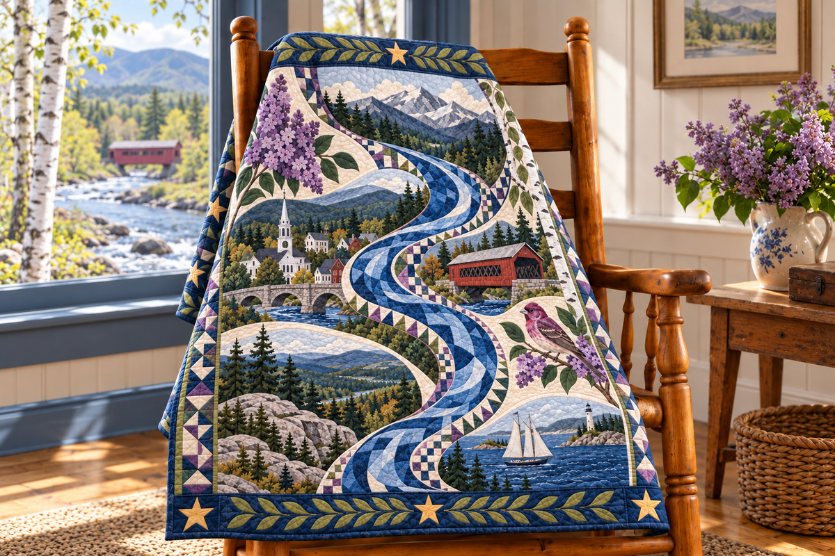 New Hampshire River Of Stories TD181026694 Quilt Blanket draped over a wooden chair in a setting inspired by the quilt design