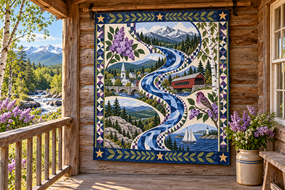 New Hampshire River Of Stories TD181026694 Quilt Blanket hanging in a themed outdoor cabin