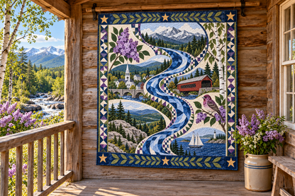 New Hampshire River Of Stories TD181026694 Quilt Blanket hanging in a themed outdoor cabin