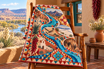 New Mexico River Of Stories TD181026714 Quilt Blanket draped over a wooden chair in a setting inspired by the quilt design
