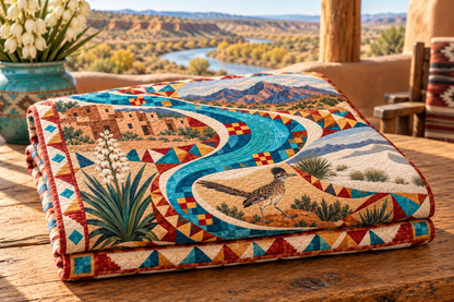 New Mexico River Of Stories TD181026714 Quilt Blanket folded in a setting matching its design