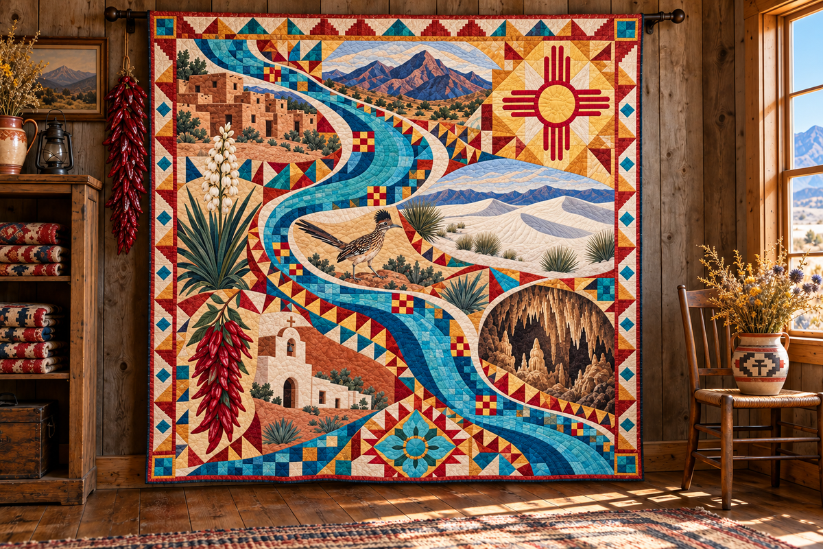 New Mexico River Of Stories TD181026714 Quilt Blanket hanging in a themed indoor cabin