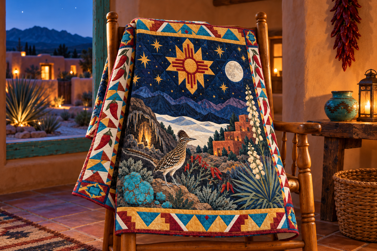 New Mexico Night Garden TD181026715 Quilt Blanket draped over a wooden chair in a setting inspired by the quilt design