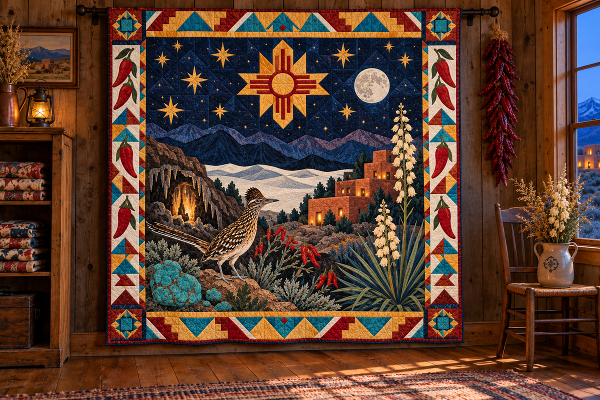 New Mexico Night Garden TD181026715 Quilt Blanket hanging in a themed indoor cabin