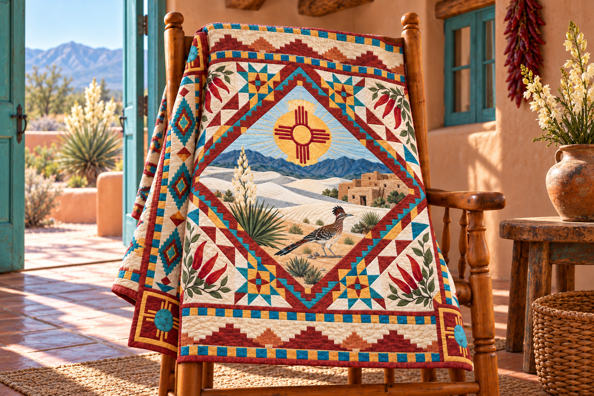 New Mexico Celebration In Cloth TD181026720 Quilt Blanket draped over a wooden chair in a setting inspired by the quilt design