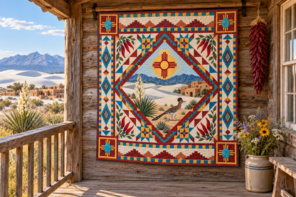 New Mexico Celebration In Cloth TD181026720 Quilt Blanket hanging in a themed outdoor cabin