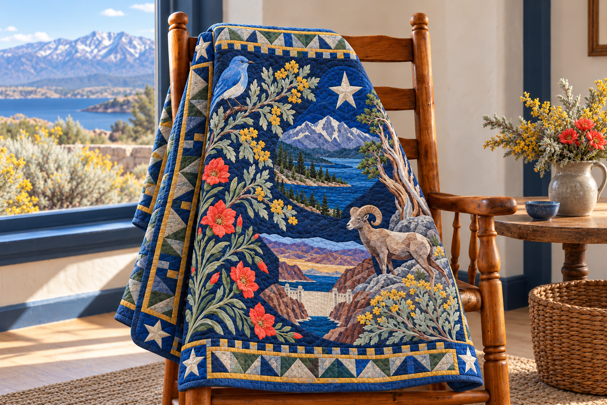Nevada Botanical Heritage TD181026722 Quilt Blanket draped over a wooden chair in a setting inspired by the quilt design