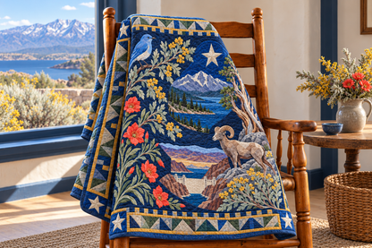 Nevada Botanical Heritage TD181026722 Quilt Blanket draped over a wooden chair in a setting inspired by the quilt design