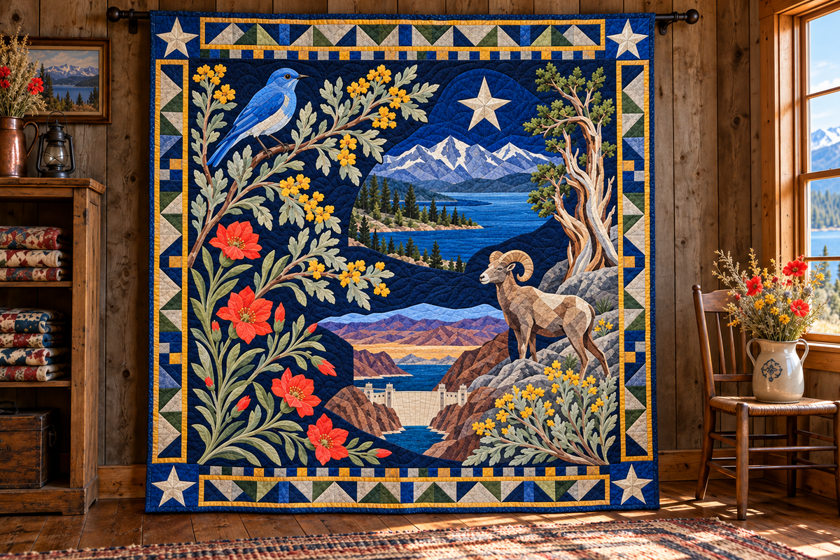 Nevada Botanical Heritage TD181026722 Quilt Blanket hanging in a themed indoor cabin