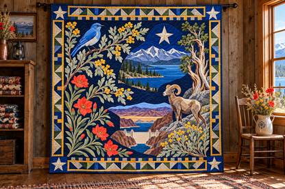 Nevada Botanical Heritage TD181026722 Quilt Blanket hanging in a themed indoor cabin